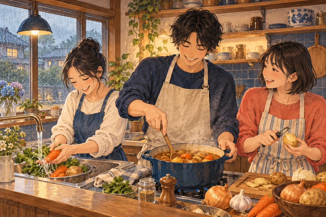 Three friends prepare curry together in a kitchen for a rainy day.