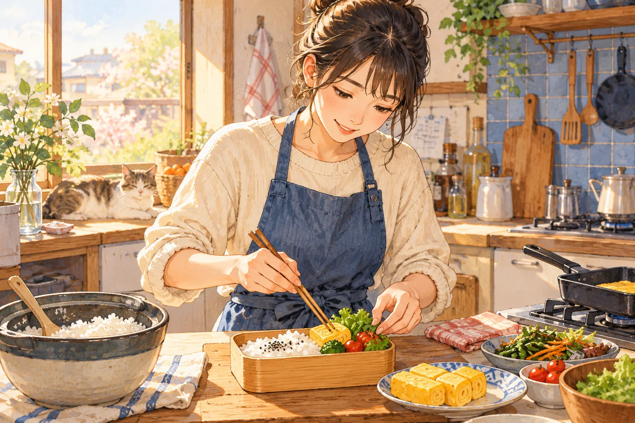 A person prepares a bentō with rice, egg and vegetables.