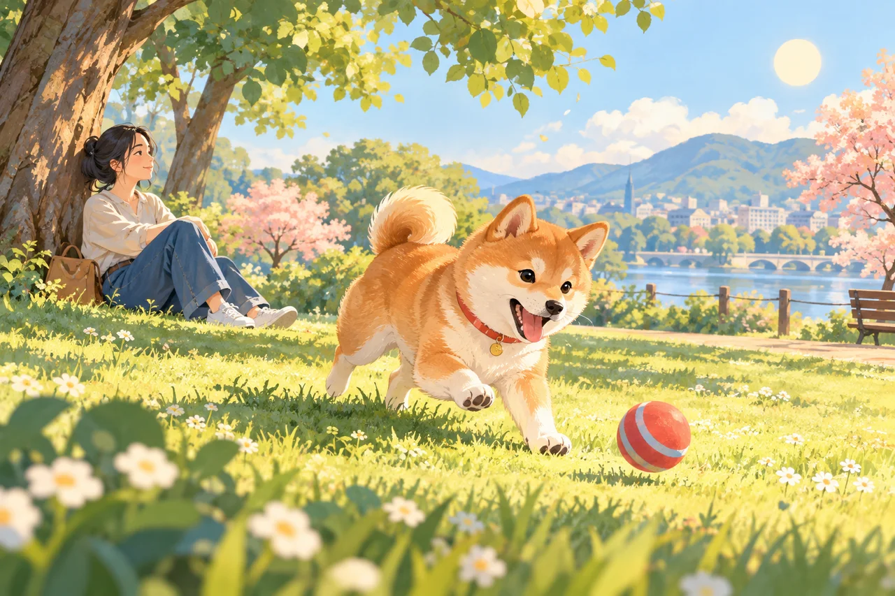 A shiba plays with a ball in a park.