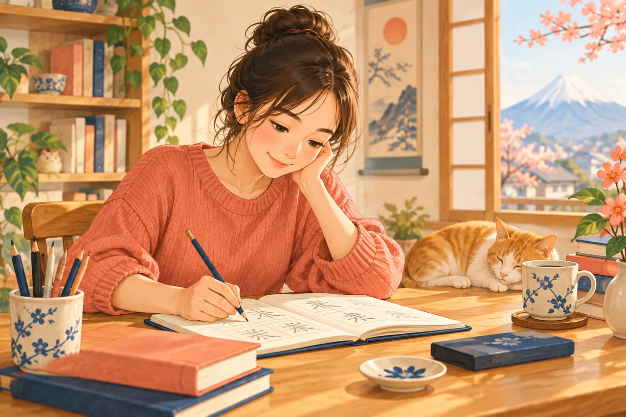A learner reviews Japanese characters at his office.