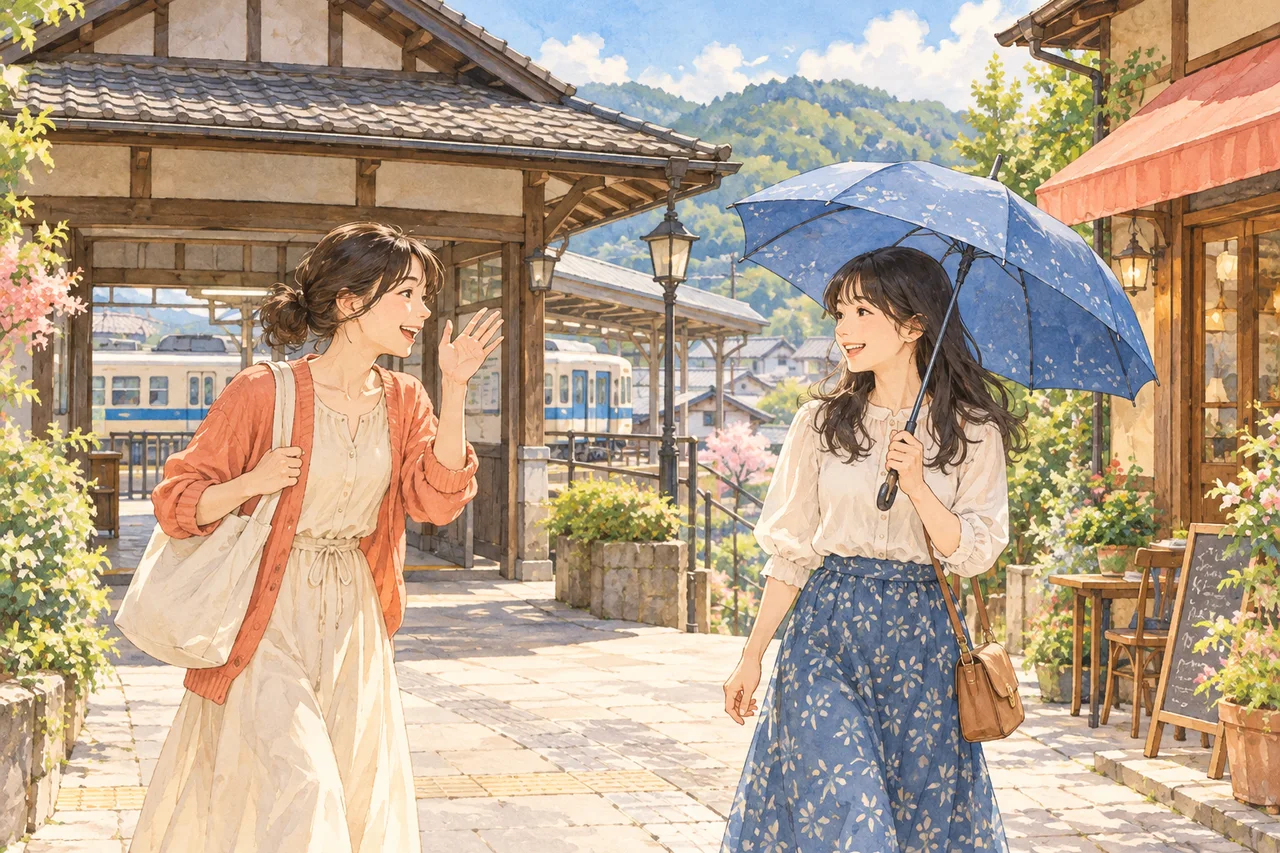Two friends meet in front of a train station; one holds a blue umbrella.