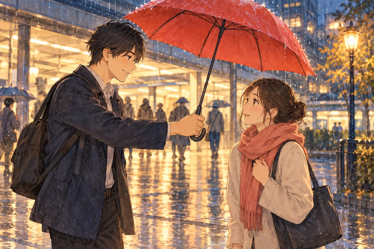 A person lends a red umbrella to a colleague in front of a station in the rain.